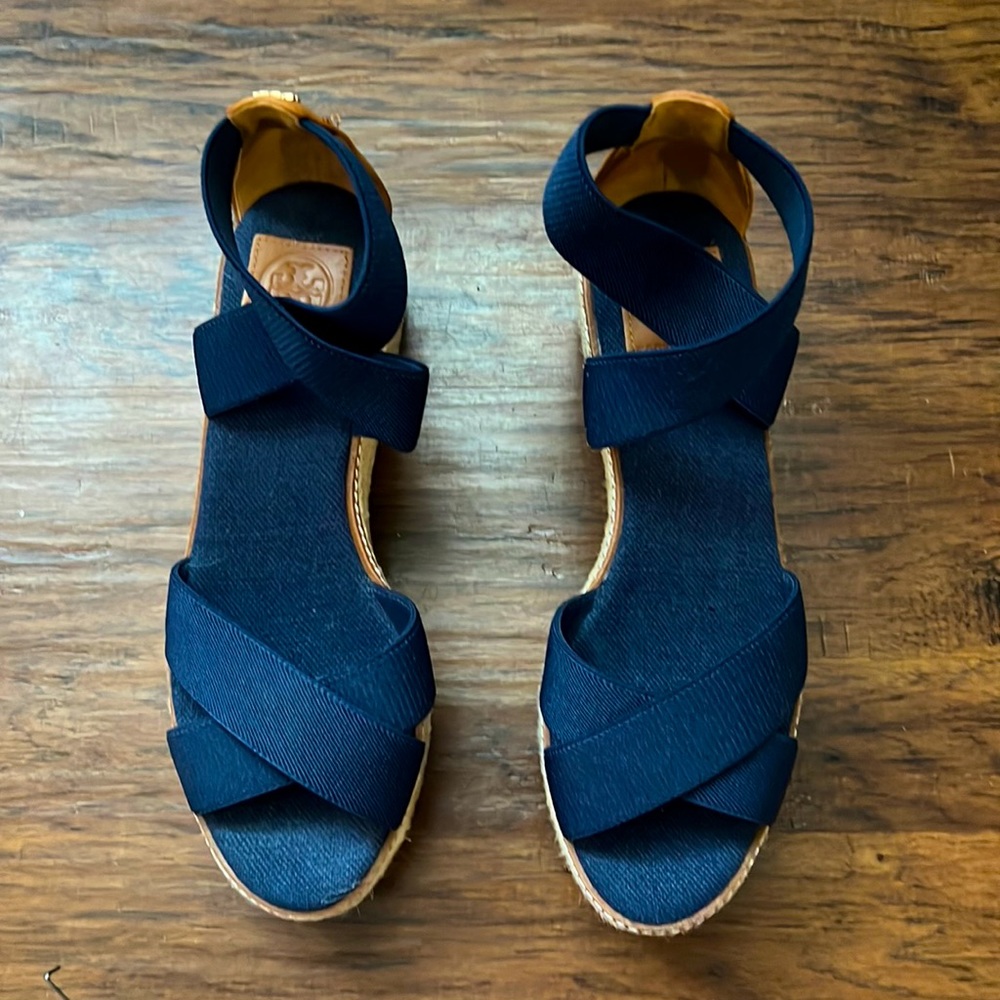 Tory Burch 'Frieda' Espadrille Wedge Sandals Blue Womens Size 9